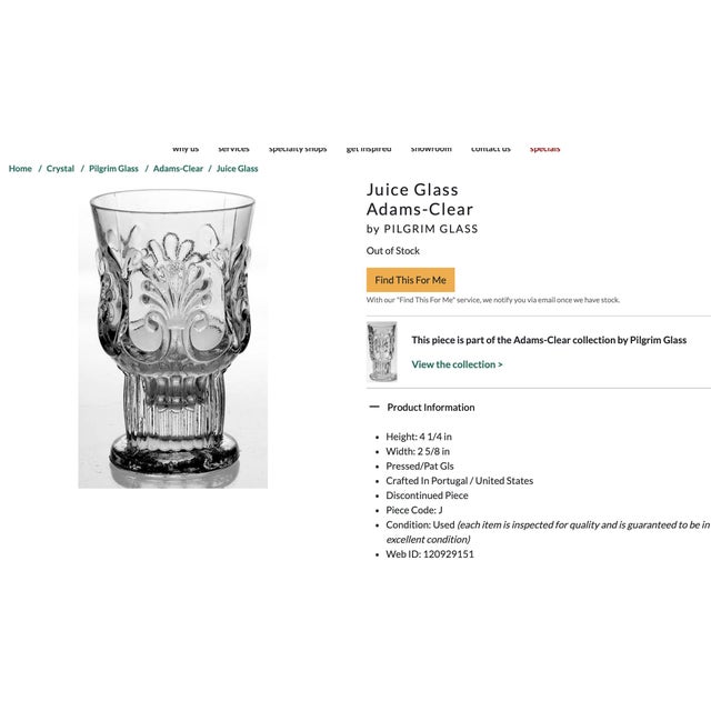 Vintage Set of Pilgrim Glass Corp. Adams Clear 8 Pedestal Glasses & Pitcher For Sale - Image 17 of 18