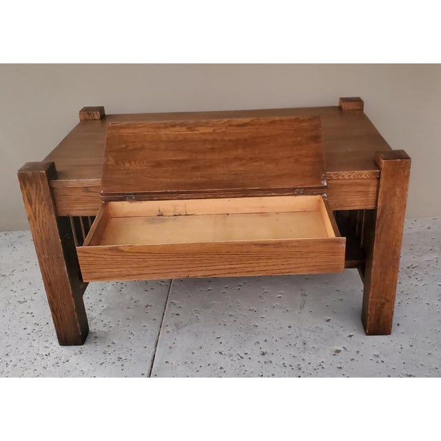 1910s Rare 1900s Antique Mission Oak Craftsmen Library Table With Pullout Writing Desk With Ink Well For Sale - Image 5 of 16