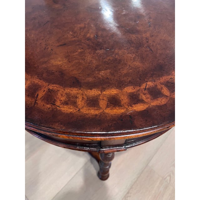 Jonathan Charles Jonathan Charles Round Side Table Walnut Finish With Burl Veneers and Hand Cut Inlays For Sale - Image 4 of 9