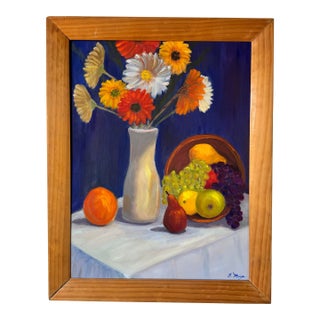 Vintage Fran Mayer “Still Life With White Vase” Oil on Canvas Painting, Framed For Sale