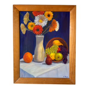 Vintage Fran Mayer “Still Life With White Vase” Oil on Canvas Painting, Framed