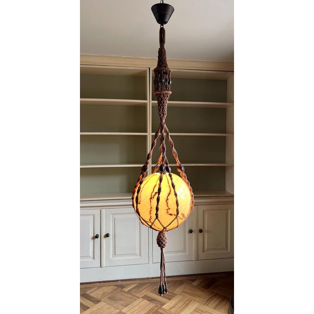 Beige Braided Macramé Sisal and Marbled Glass Globe Pendant Lamp by Temde, 1970s For Sale - Image 8 of 18
