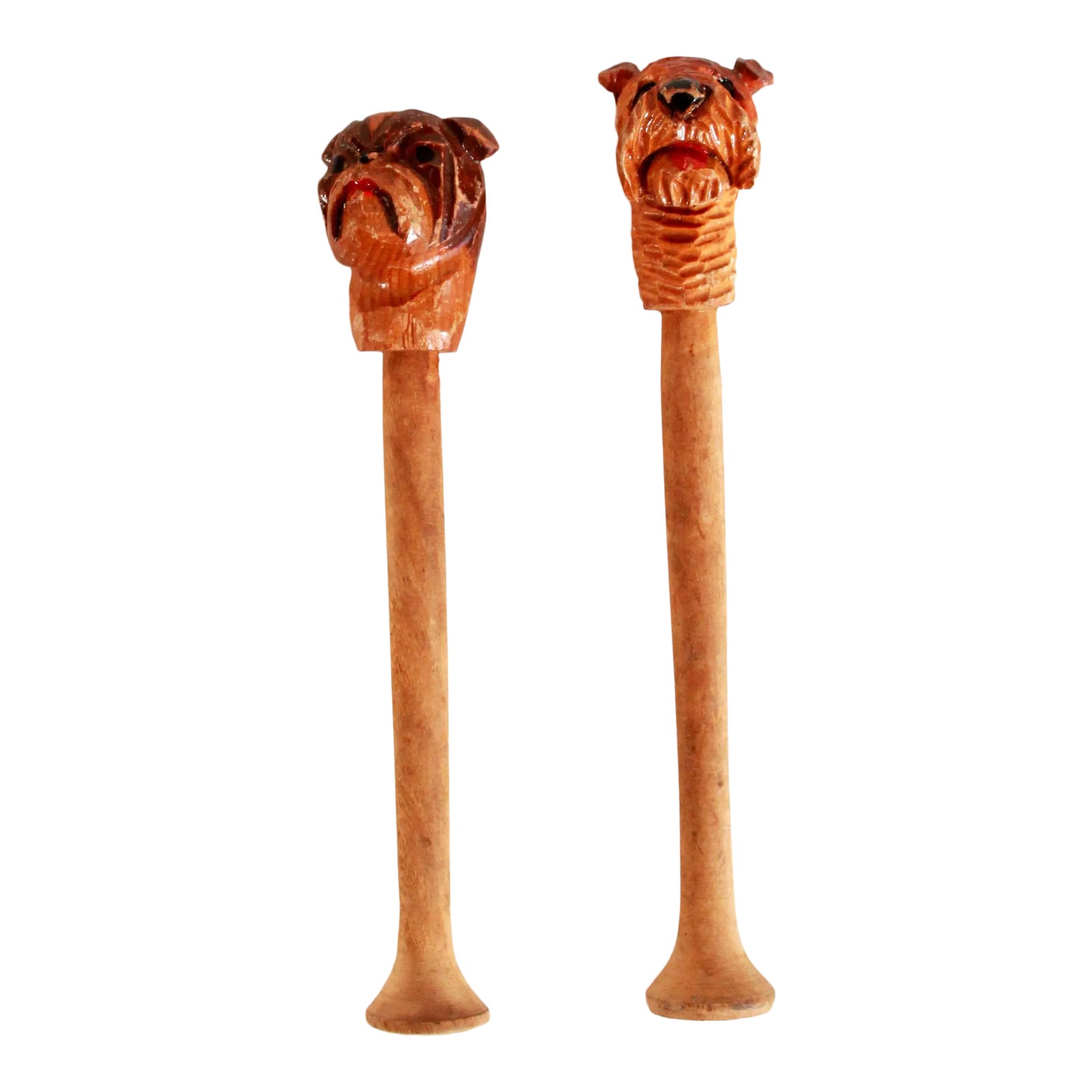 Vintage Carved Wood Figural Dog Head Pipe Tampers - a Pair