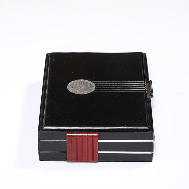Art Deco Machine Age Aluminum Silvered Crest Lacquered Box W/ Bakelite Handles For Sale - Image 9 of 12