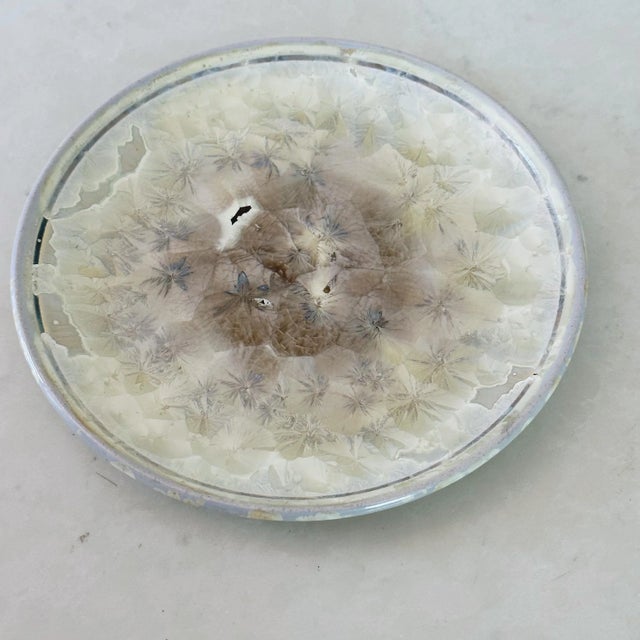 Rustic Mid-Century Pottery Plate in Crystalline Glaze of Cream, Blue and Brown For Sale - Image 3 of 9