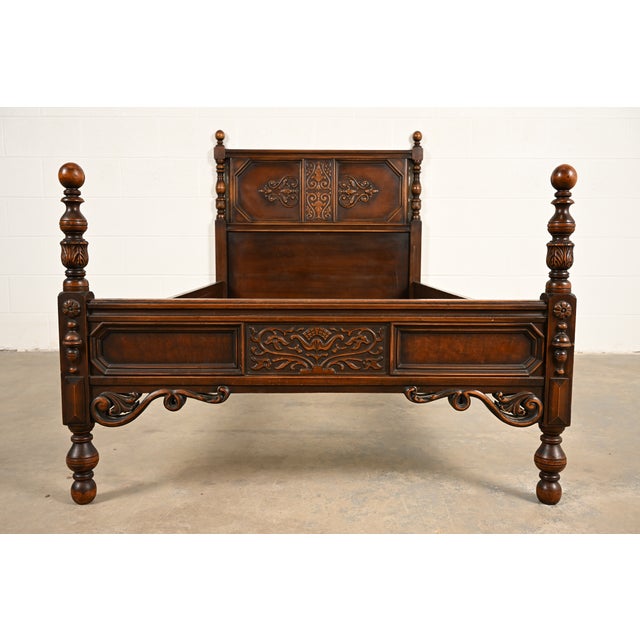 Berkey & Gay Style Antique English Jacobean Carved Walnut and Burl Wood Twin Size Bed, Circa 1920s For Sale - Image 13 of 13