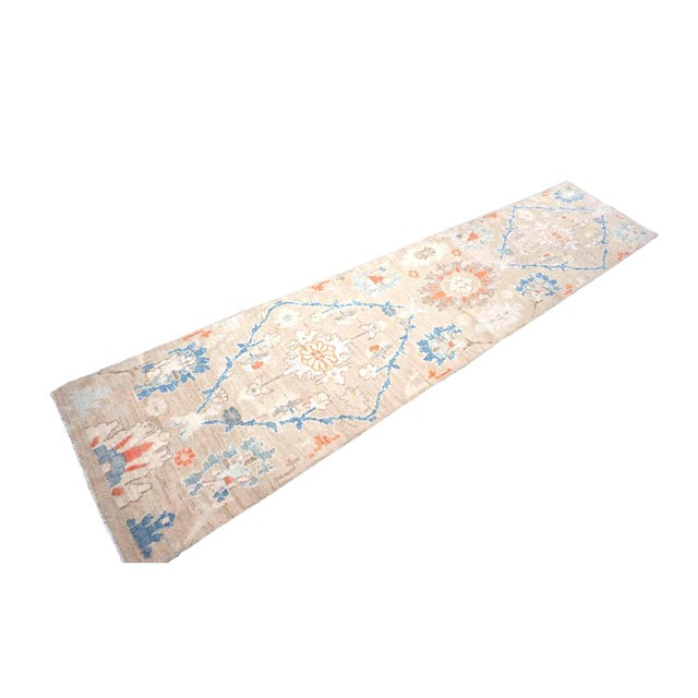 21st Century Turkish Oushak Wool 3x12 Beige & Blue Handmade Runner Rug #1144198 For Sale - Image 4 of 12