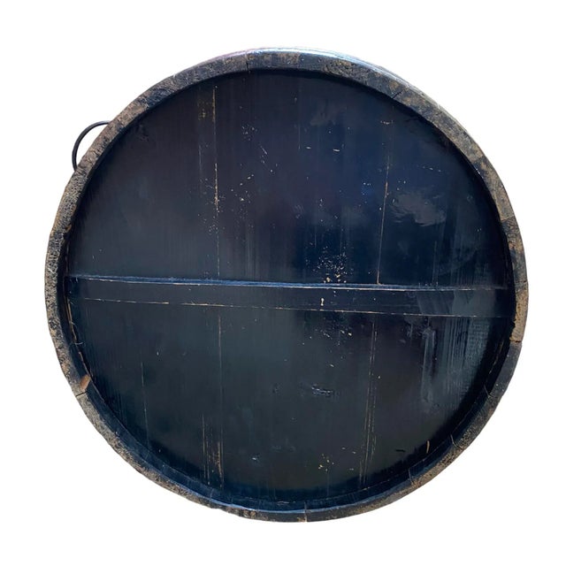 Black 19th Century Chinese / Chinoiserie Large Scenic Black Painted Wood Rice Barrel / Basket For Sale - Image 8 of 10