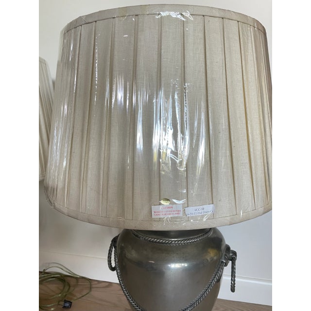 Metal Pair of Mid 20th Century Pewter Finish Lamps With New Linen Pleated Shades For Sale - Image 7 of 9