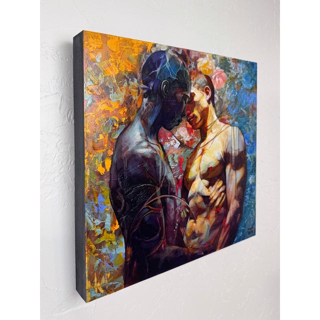In "Heartstrings," two figures engage in an intimate embrace, their forms rendered in rich, contrasting hues that evoke...