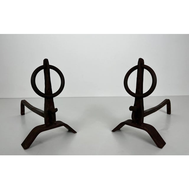 Modernist Wrought Iron Andirons in the Style of Jacques Adnet - a Pair For Sale - Image 6 of 12