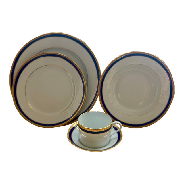 1990s Tiffany & Co. “Blue Band” Fine China – 12-Place Setting With Serving Pieces, 88-Piece Complete Collection For Sale