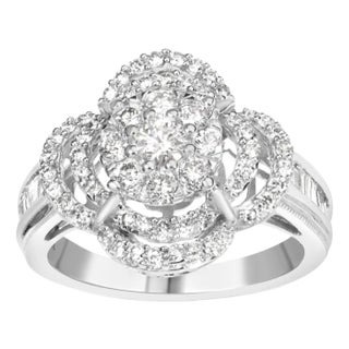 14K White Gold 1.0 Cttw Round & Baguette Cut Diamond Floral Cluster Quatrefoil Channel Set Band Cocktail Statement Ring - Size 7-1/4 For Sale