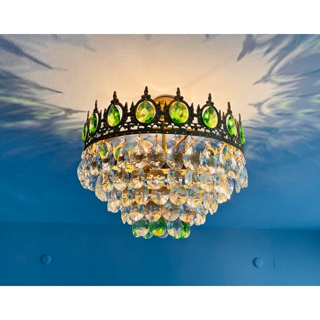 Vintage Emerald Green & Clear Crystal Crown Flush Mount Chandelier – 3 Light For Sale - Image 9 of 17