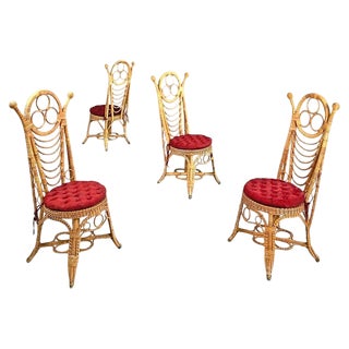 Italian Rattan Chairs with Round Decorations and Red Pillows, 1890s, Set of 4 For Sale