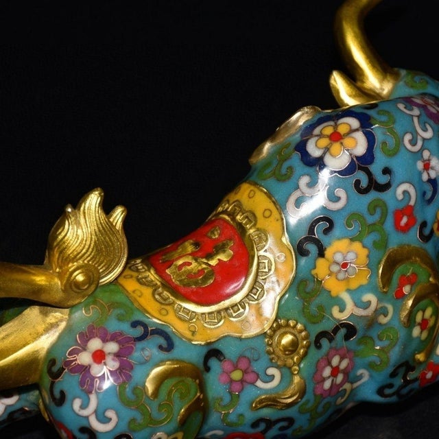 Vintage Cloisonne Enamel Bull Figurine – 11" Gilt Ox Sculpture With Floral Motif For Sale - Image 9 of 18