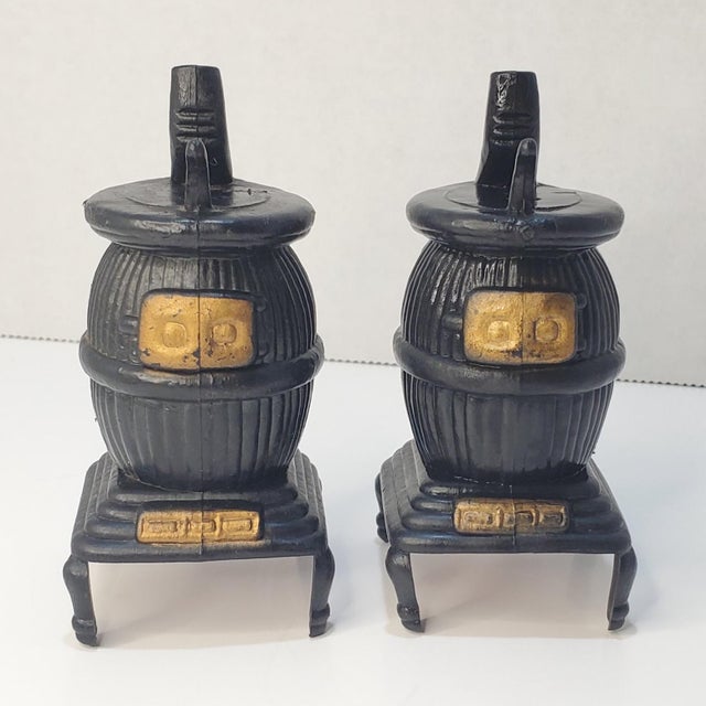 1960s Black Celluloid Pot Belly Stove Salt & Pepper Shakers