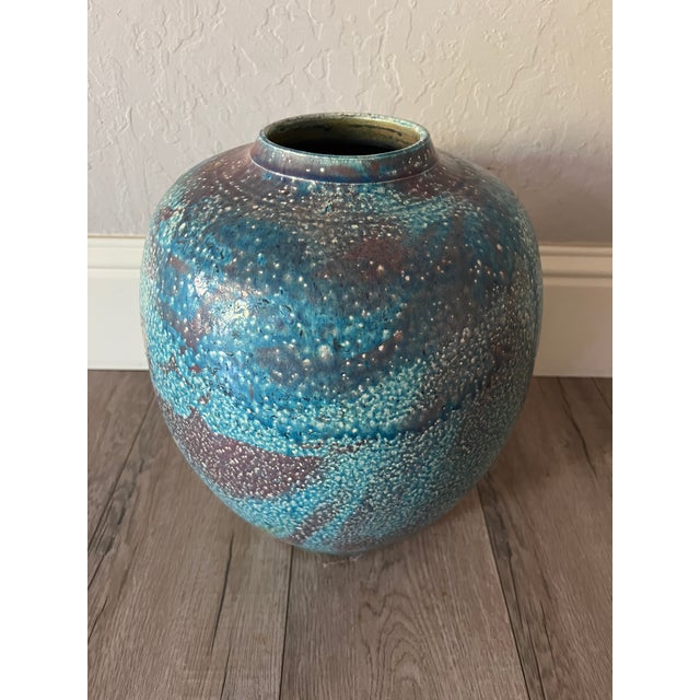 Raku Studio Pottery Vase Copper Blue Luster Glaze Signed For Sale In San Francisco - Image 6 of 7