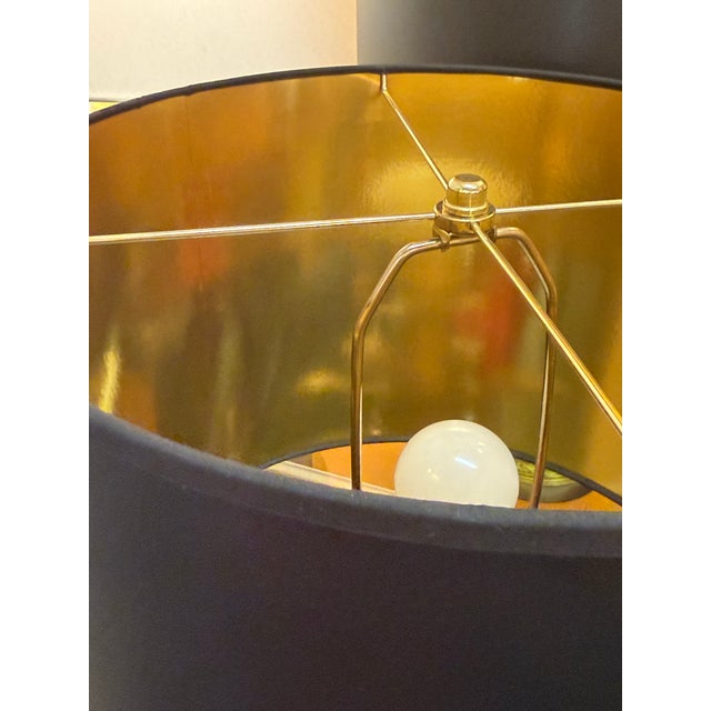 1960s Green Pressed Glass and Brass Finish Lamp Custom Foil Shade For Sale In Miami - Image 6 of 9