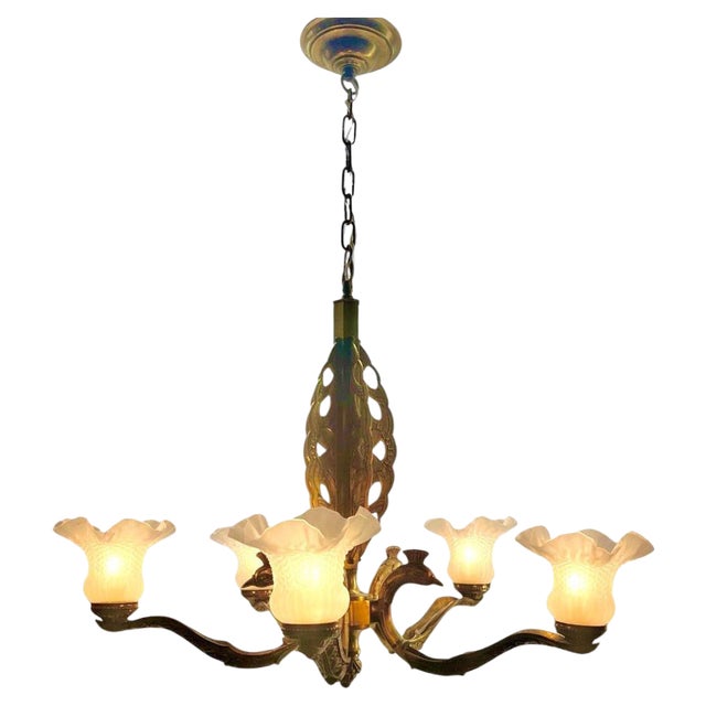 Art Deco Bronze Chandelier Details with 5 Glass Shades, 1930s For Sale