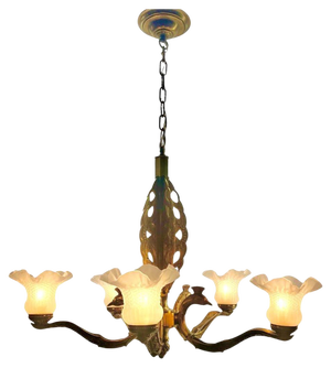 Art Deco Bronze Chandelier Details with 5 Glass Shades, 1930s