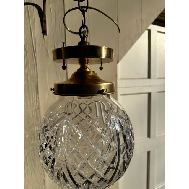 American Vintage Signed Waterford Crystal Shade With Brass Flushmount Ceiling Fixture For Sale - Image 3 of 6