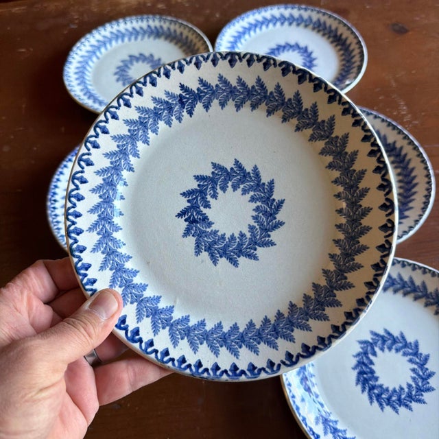 Farmhouse Set of 6 Antique Blue Stick Spatter Fern Plates, 8", Late 19th Century For Sale - Image 3 of 18