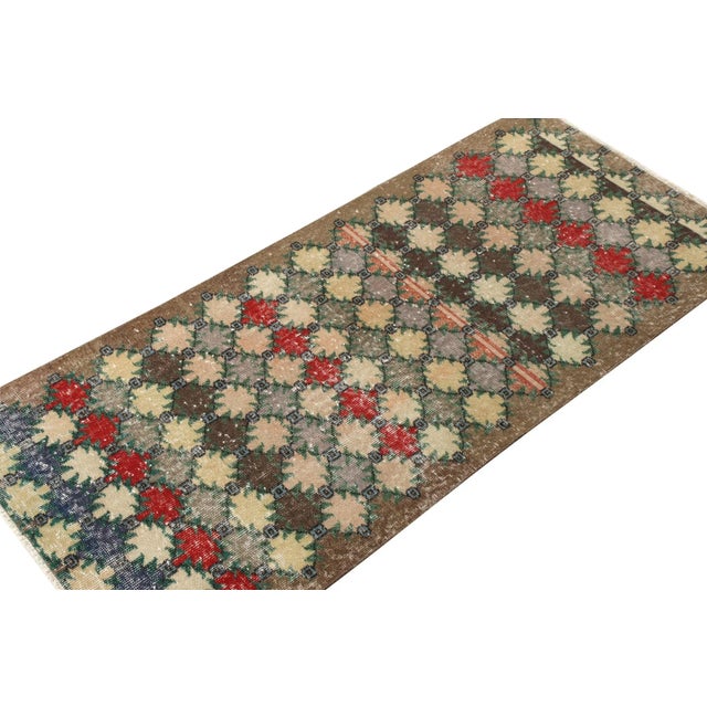 Art Deco Hand-Knotted Vintage Mid Century Kilim Runner in Green,Blue,Brown,Red Geometric Pattern For Sale - Image 3 of 6