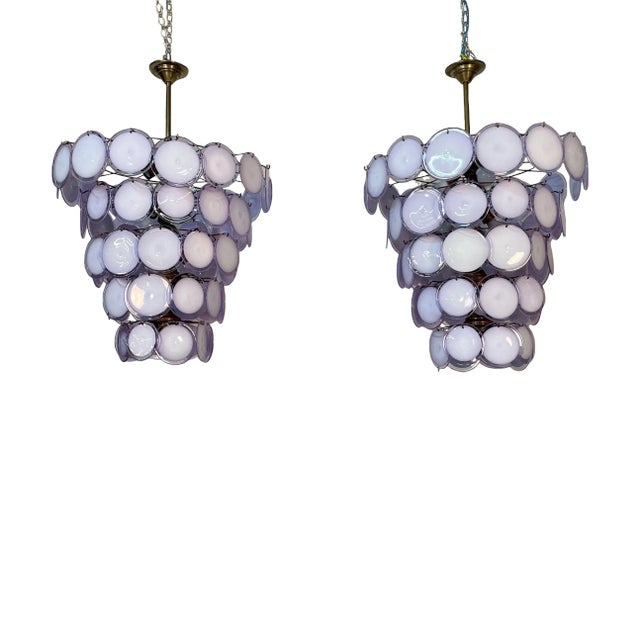 Pair Murano Disc Mid-Century Modern Tiered Chandelier, Antiqued Brass, New Wired For Sale