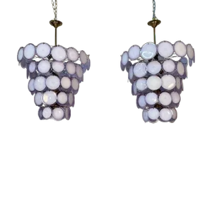 Pair Murano Disc Mid-Century Modern Tiered Chandelier, Antiqued Brass, New Wired