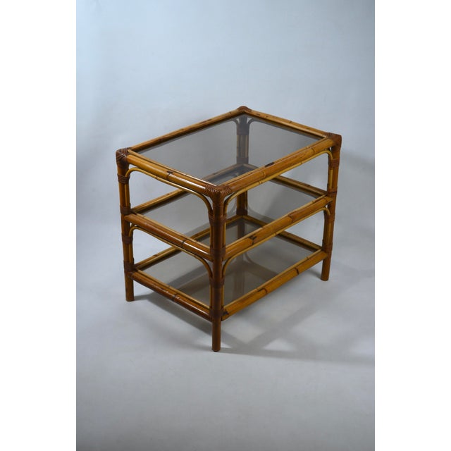1970s Vintage Bamboo and Smoked Glass Three-Tier Side Table, 1970s For Sale - Image 5 of 11