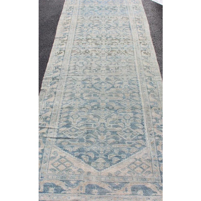 1920s Long Antique Persian Malayer Runner With All Over Herati Design in Soft Blue For Sale - Image 5 of 13