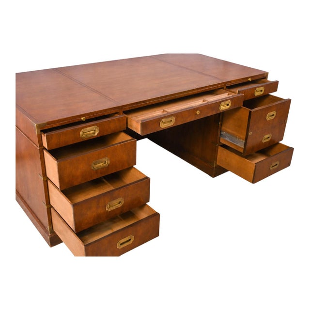 Baker Furniture Company 1970s Baker Furniture Co. Campaign Style Burl Walnut Executive Desk For Sale - Image 4 of 6