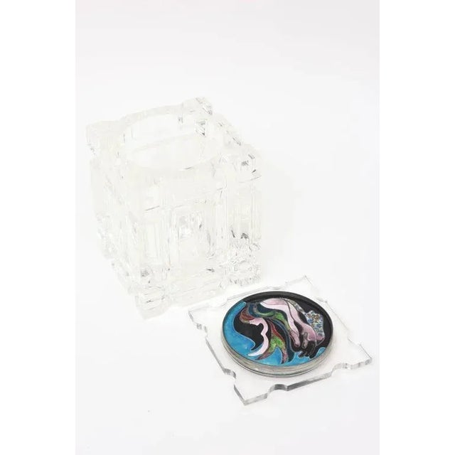 Vintage Lucite Box or Vessel Container With Foiled Enameled Abstract Cloisonne Top 70's For Sale In Miami - Image 6 of 11