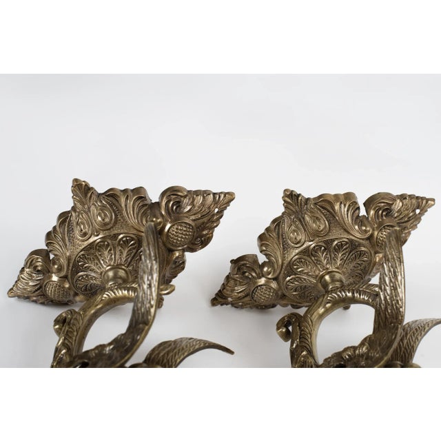 1950s Spanish Gothic Revival Brass Dragon Wall Sconces With Opal Glass Shades - A Pair For Sale - Image 9 of 9