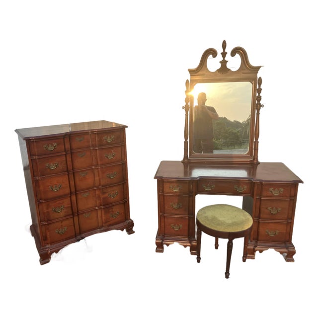 Mid Century Mahogany Chippendale/Georgian Style Vanity With Swinging Mirror and Round Upholstered Stool With Original Tags, 2 Pieces For Sale