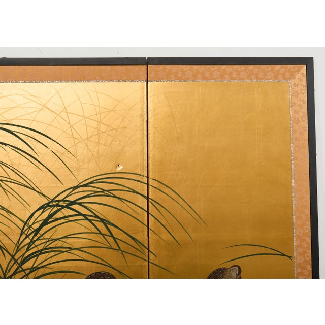 Gold Japanese Showa Four Panel Screen Quail Amid Autumn Grasses For Sale - Image 8 of 18
