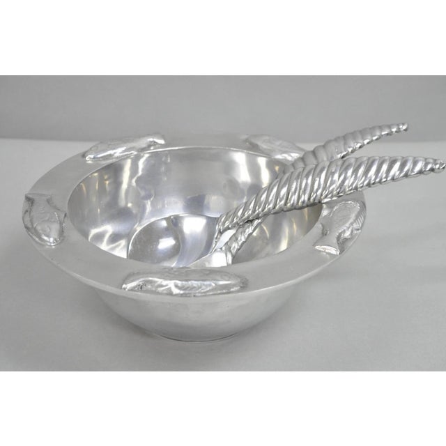 Vintage Mariposa Brillante Mid Century Modern Aluminum Fish Salad Bowl With Utensils- 3 Pieces For Sale - Image 11 of 11