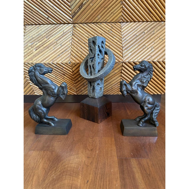 Vintage Signed 13” Hand Hammered Blackwashed Metal Sculpture on Wood Base in a Western Industrial Style For Sale - Image 10 of 17