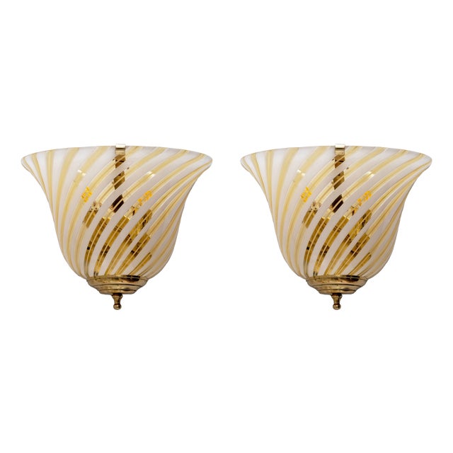 Murano Glass and Brass Sconces in the style of Barovier & Toso, 1960s, Set of 2 For Sale