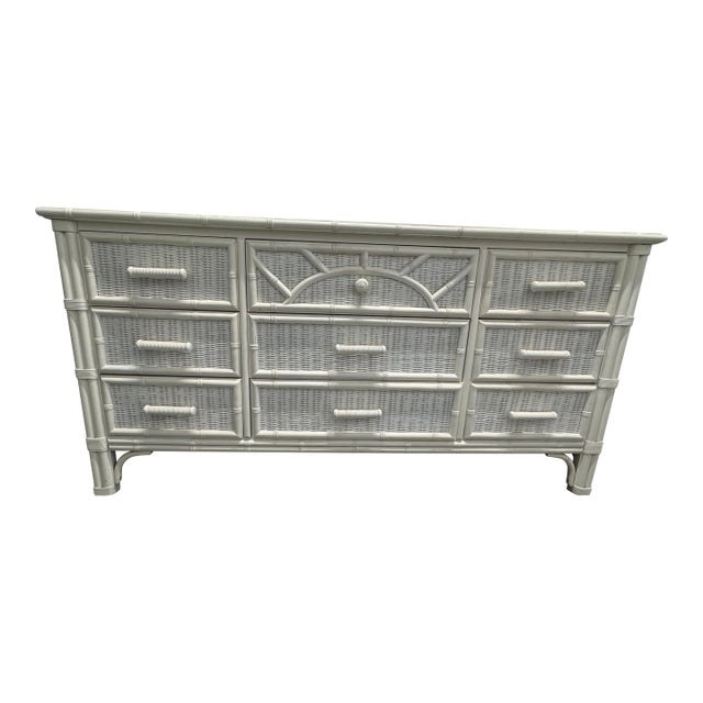1980s Henry Link Sunburst Wicker and Faux Bamboo Triple Dresser For Sale