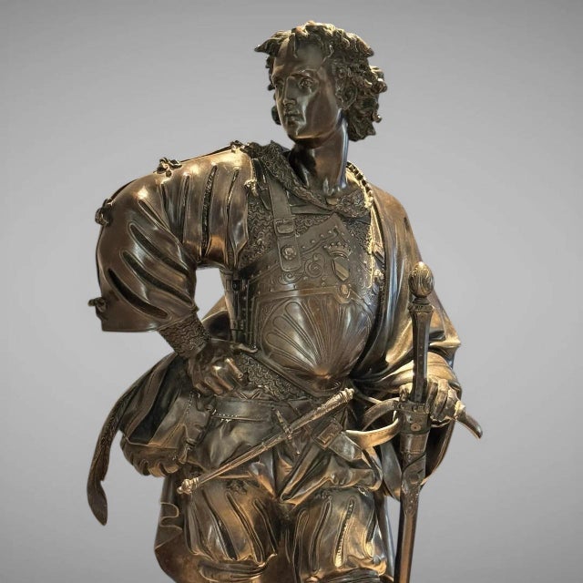 Mid 19th Century Antique 25” Signed 19th Century French Bronze Sculpture the Landsknecht Cavalier by Albert-Ernest Carrier Belleuse For Sale - Image 5 of 14