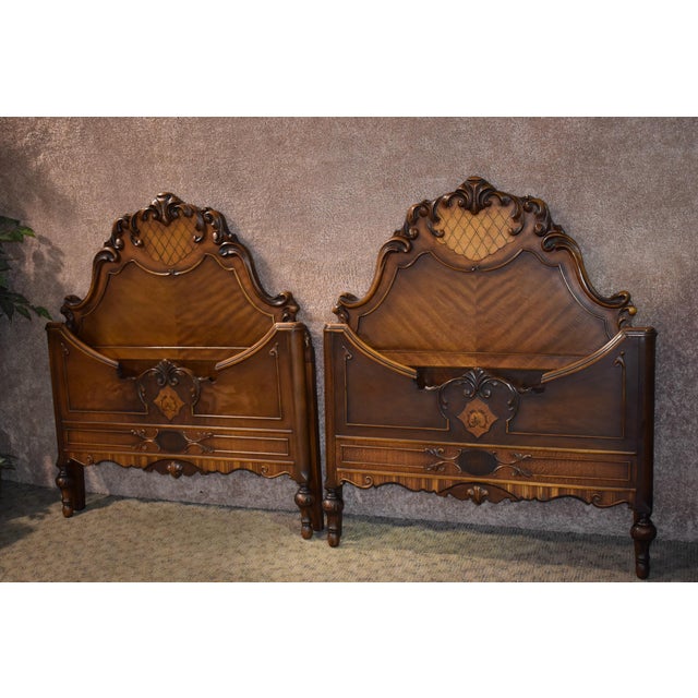 Antique Jacobean Carved Inlaid Pair Of Twin Headboard And