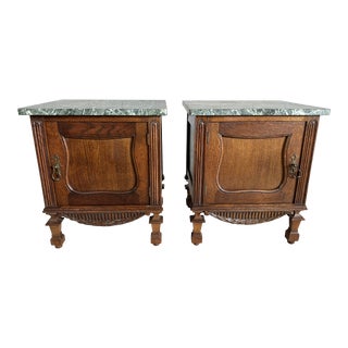Vintage French Side Cabinets or Nightstands With Green Marble Tops - Set of 2 For Sale