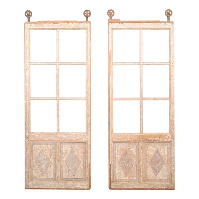 Tall Antique Pair French Doors on Rollers For Sale