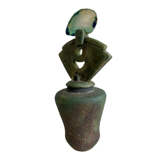 Signed Helene Fielder Raku Ceramic Pottery Vessel With Agate Lid / 1980s Art Studio Pottery / 80s Modernist Vase For Sale - Image 10 of 13
