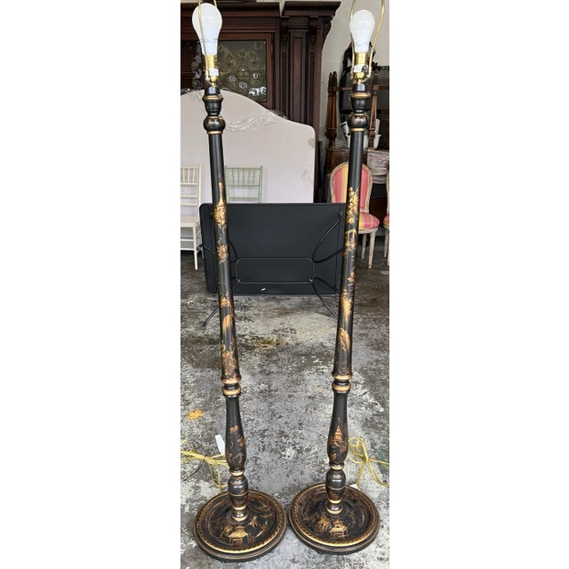 Metal Vintage Black Lacquer Gold Chinoiserie Wood Floor Lamps a Pair For Sale - Image 7 of 8