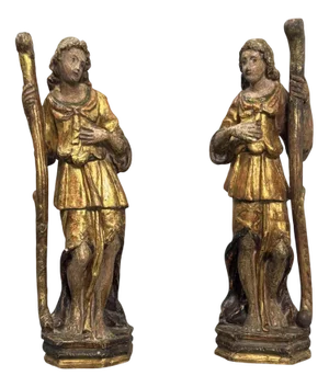 Gilded Wooden Candleholders with Traces of Polychromy, 1600, Set of 2