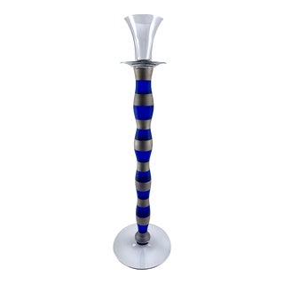 1990s Orrefors Sweden Cobalt Blue and Silver Candle Holder 16.25” For Sale