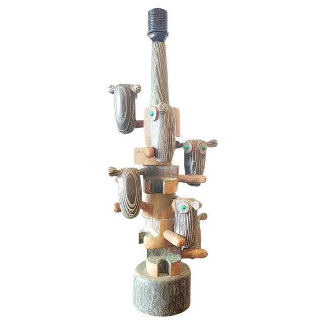 Mid-Century Scandinavian Style Wood Table Lamp with 6 Owls on Branches For Sale